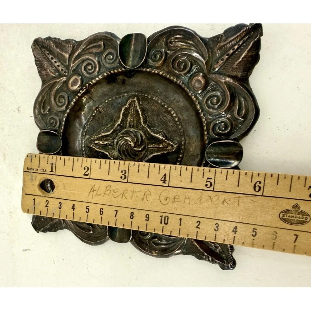 Vintage Handcrafted Metal Ashtray Ornate Embossed Floral Square‎ Rustic 5.25